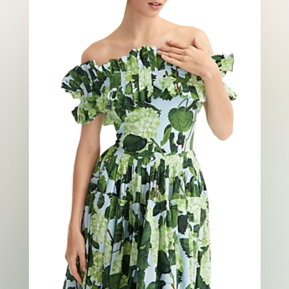 $1,200 TAILOR MADE (NOT OSCAR DE LA RENTA) GREEN FLORAL MIDI DRESS US L - Picture 3 of 13